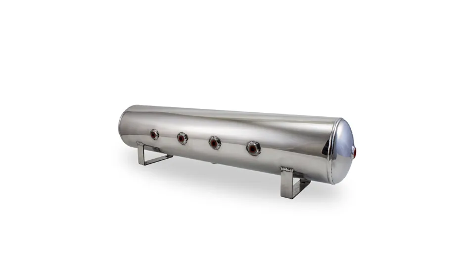 Air Lift 4 Gal Alum Tank - (4) 1/4in Face (2) 3/8in Ports & 1/4in Drain - 30in L X 6in D - Polished 12957 1 of 1
