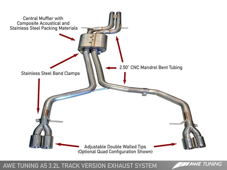 AWE Tuning 08-11 Audi B8 A5 3.2L Track Edition Exhaust System - Quad 90mm Slash Cut Black Tips 3020-43012 1 of 5