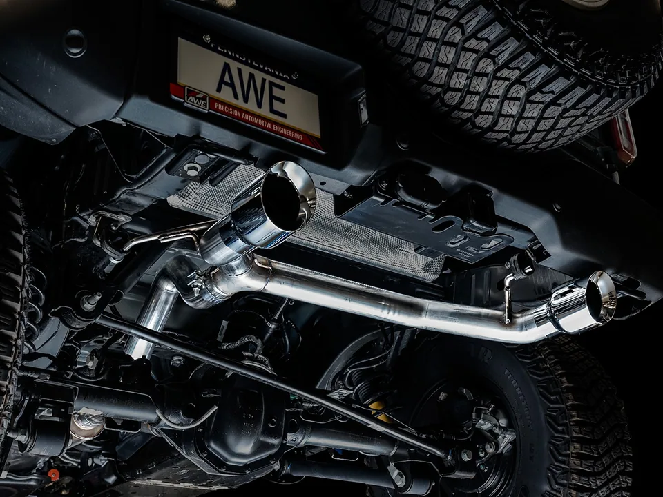 AWE Tuning 21-22 Ford Bronco 0FG Dual Rear Exit Exhaust w/Chrome Silver Tips & Bash Guard 3015-32456 5 of 6