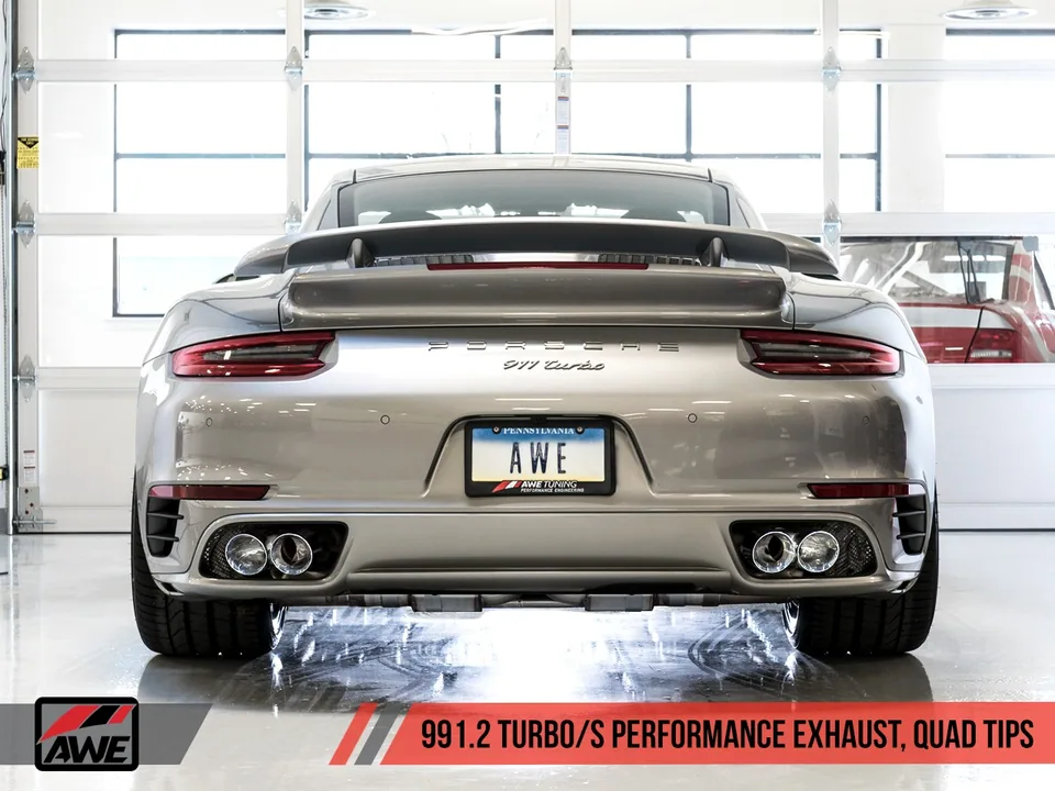 AWE Tuning Porsche 991 Turbo Performance Exhaust and High-Flow Cat Sections - Black Quad Tips 3015-43088 6 of 6